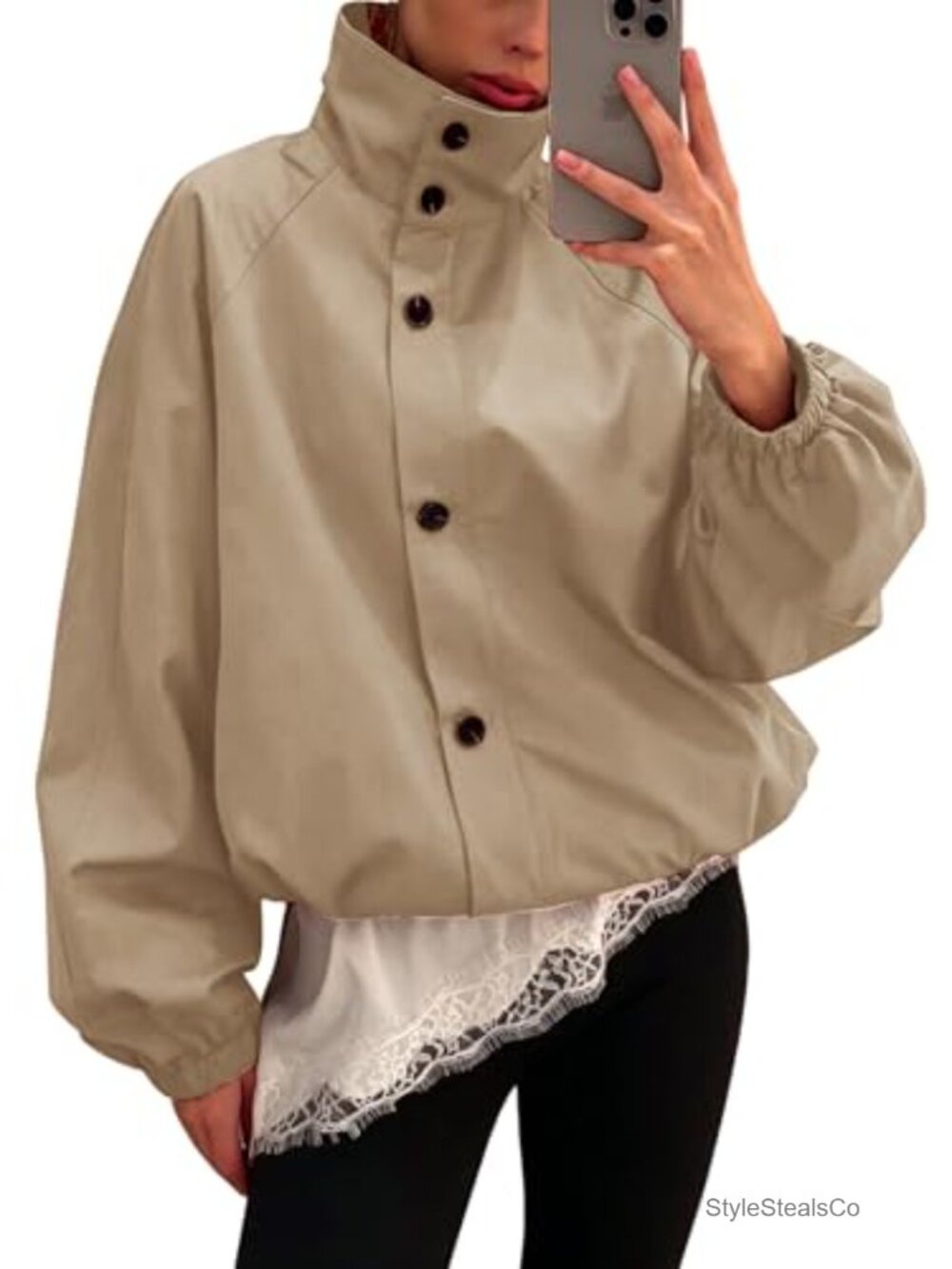 Womens Funnel Neck Cropped Windbreaker Jacket Zip Button Casual Coat